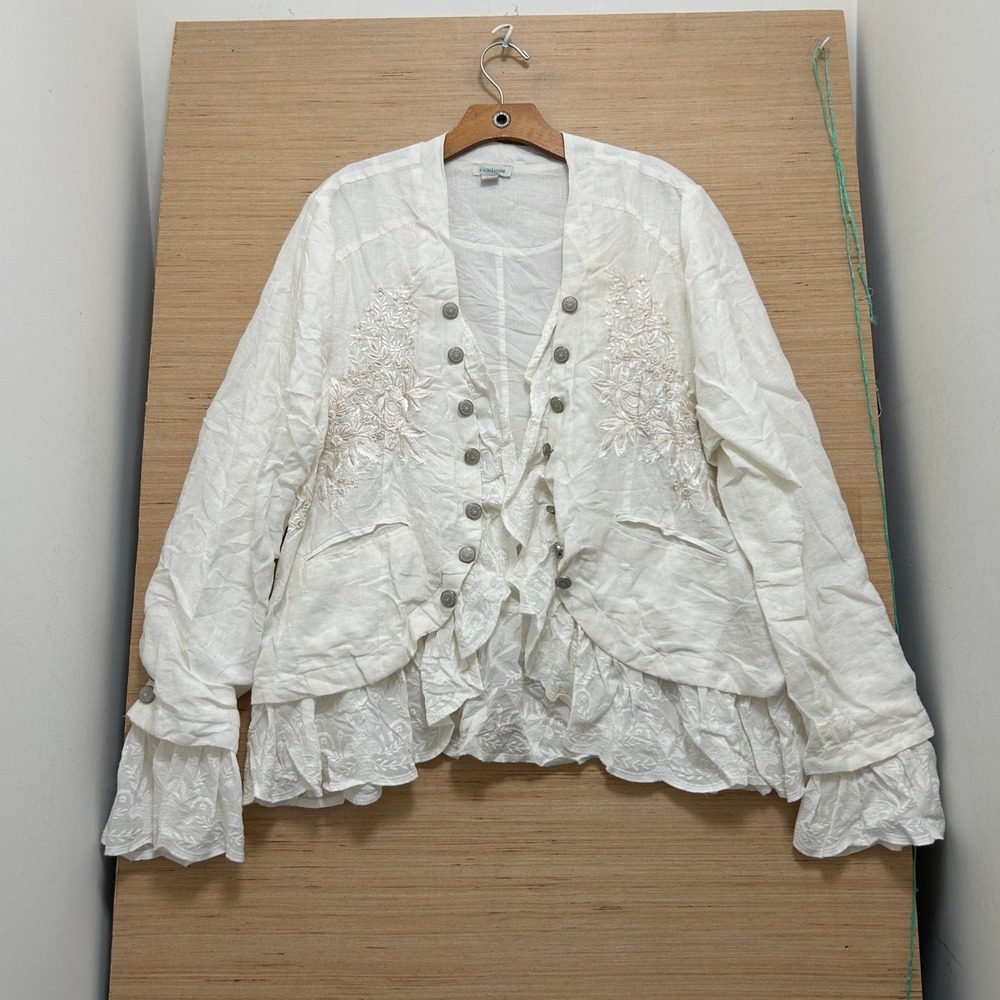Sundance White Linen Embroidered Ruffle Jacket XXL Boho Floral Button Detail